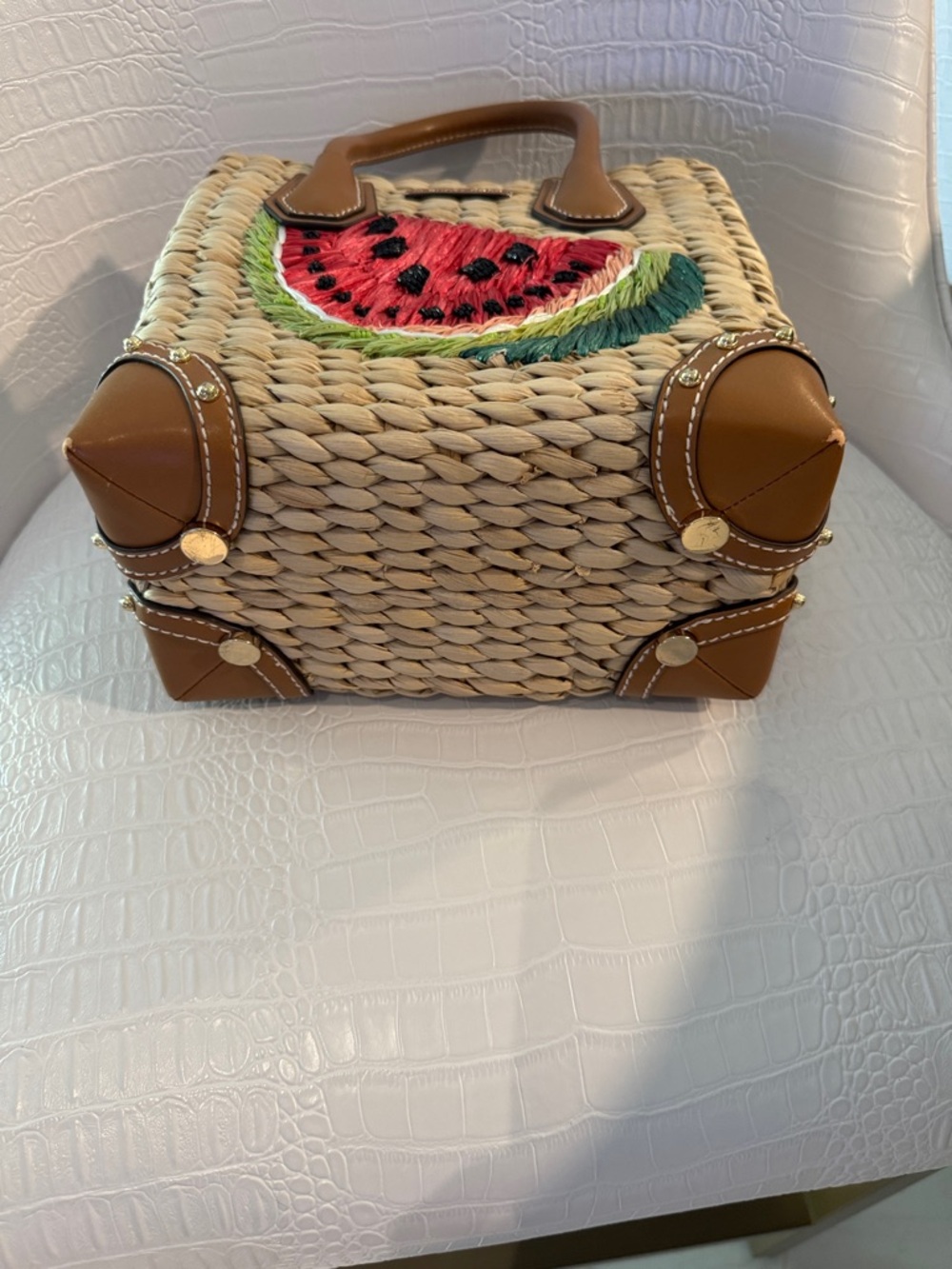 Michael Kors Straw Tote with Pink Watermelon Patch and Brown Leather Trim - Picture 5 of 12